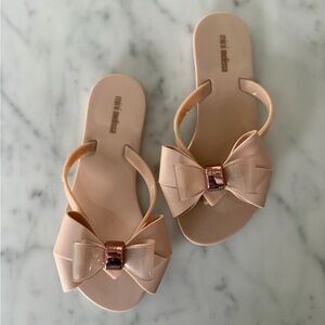 Mini Melissa Girls Blush Pink Bow Slide Sandals with Rose Gold Accent